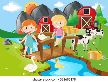 Two girls and animals by the river illustration