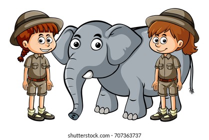 Two girls and baby elephant illustration