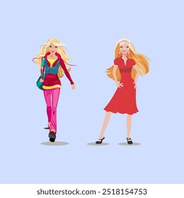 Two girls with a backpack and a bag with a vector illustration picture of them.