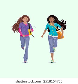 Two girls with a backpack and a bag with a vector illustration picture of them.