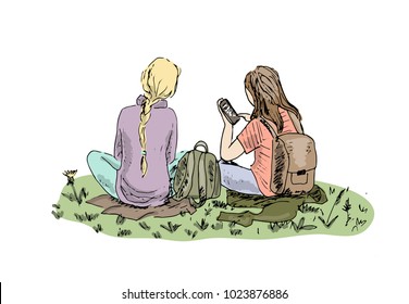 Two girls with backpacks and smartphones sitting on the grass. Sketch, hand drawn.