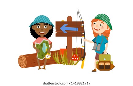 Two girls with backpacks, vests and bandanas are looking for a way with the help of a map and a compass. Camping and children's summer camp. Cute Vector Illustration