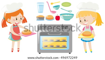 Two girls baking and different kinds of food illustration