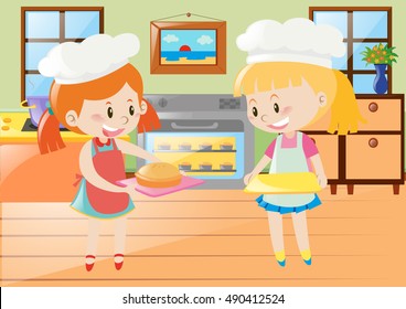 Two girls baking pie in kitchen illustration