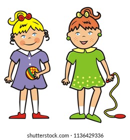 two girls with ball and rope, vector funny illustration, friends