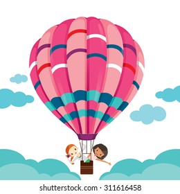 Two girls in balloon floating in the sky to travel, journey trips, adventure, transportation