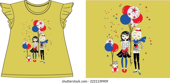 two girls with balloons 
t shirt graphic design vector illustration 