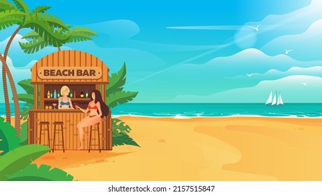 Two girls at the beach bar. Tropical beach landscape. Vector illustration.