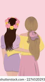 Two girls with beautiful hair and flower wreaths stand in an embrace