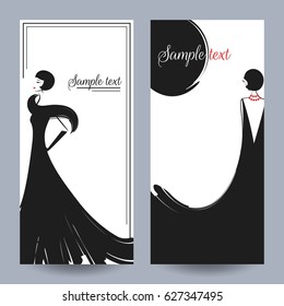 Two girls in beautiful vintage dresses. Retro party invitation card. Vector illustration. Art Deco style