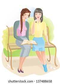 Two girls with Bible outdoor. Vector