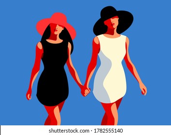 Two girls in big hats walking hand in hand, blue background, vector illustration