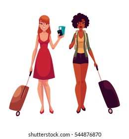 Two girls, black and Caucasian travelling together with suitcases, one holding tickets, another wearing backpack, cartoon illustration isolated on white background. Young women with luggage, suitcases