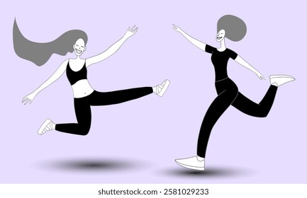 Two girls in black sportswear doing sports. To create covers, posters, and web assets. Vector illustration. Lifestyle, sports