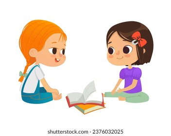 Two girls with a book sitting on floor and talk. Children's entertainment, preschool and kindergarten activity concept. Vector illustration for website, banner, poster.