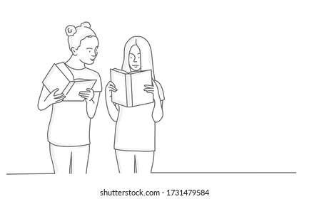 Two girls with books. Line drawing vector illustration.
