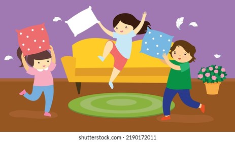 Two girls and a boy playing pillow fight