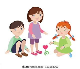 two girls and a boy playing together. sympathy between young friends.