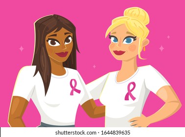 Two girls in breast cancer awareness month promotion t-shirts with pink ribbons. Vector illustration