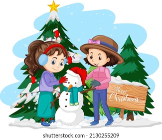 Two girls building a snowman in cartoon style illustration