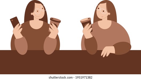 two girls in a cafe, drinking coffee, phone, friends, best friends, socializing. order, establishment, at the table, conversation. a glass of coffee, a drink, a meal. vector illustration