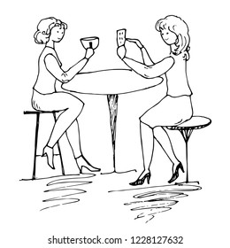 Two girls in a cafe at a table. Hand drawing, sketch, ink.