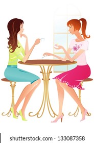 Two girls at a cafe talking and looking on each other. (vector)