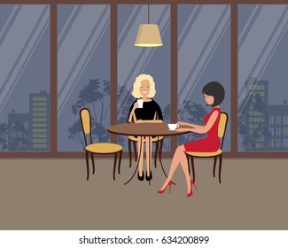 Two girls in the cafe. There is a brunette and a blonde, sitting at the table and drinking coffee on a window background in the picture. Vector flat illustration.