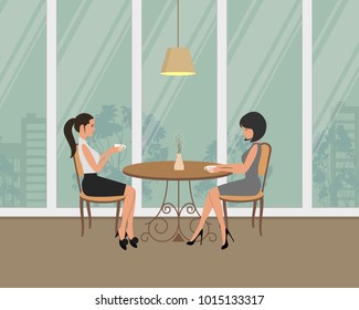 Two girls in the cafe. There are young women, sitting at the table and drinking coffee on a window background in the picture. There is also a vase with willow branches on the table. Vector image