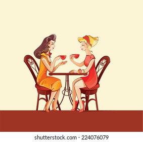 two girls in cafe vector illustrations