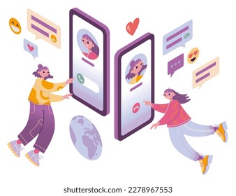 Two girls call each other using a smartphone, telephone conversation, online contact, cartoon style. Trendy modern vector illustration isolated on white, hand drawn, flat design.