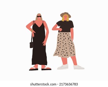 Two girls in casual outlooks. Street fashion. Female teenagers. New York citizens street style fashion. Best friends illustration. Fashion bloggers concept.