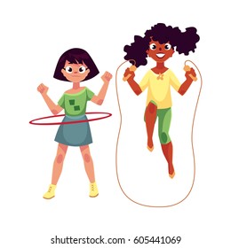 Two girls, Caucasian and African American, playing with jumping rope and hula hoop at playground, cartoon vector illustration isolated on white background. Girl friends having fun at playground