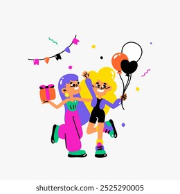 Two girls celebrating with balloons and a gift in flat vector illustration symbolizing friendship, celebration, and party fun, isolated on white background