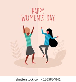 two girls celebration of international women's day in march 8. happiness people, joyful. vector character illustration. Modern design for for a card, poster, postcard. 