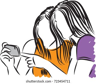 two girls with cellphone vector illustration