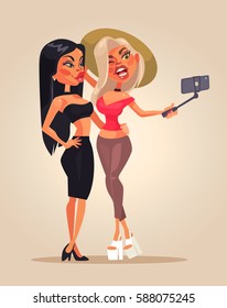 Two girls characters doing selfie. Vector flat cartoon illustration