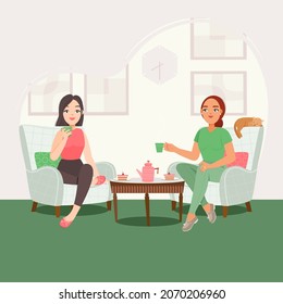 Two girls chatting over cup of tea or coffee. Women relax in the evening after a hard day. The characters eat dessert and drink tea or coffee. Flat vector cartoon style illustration.