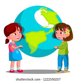 Two Girls Child Holding The Earth Vector. Isolated Illustration