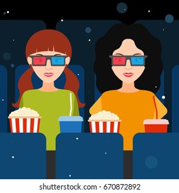 Two girls at the cinema in 3D glasses with popcorn and drinks. Vector illustration..