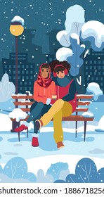 Two girls in a city park are hugging while sitting on a bench in winter. LGBT couple. Female transgender romantic partners. Vector illustration.