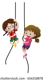 Two girls climbing rope illustration