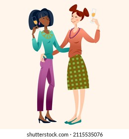 Two girls clink glasses. Friends celebrating. Happy galentine’s day!

