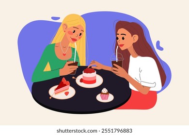 Two girls with coffee and fruity desserts. Isolated flat vector illustration.