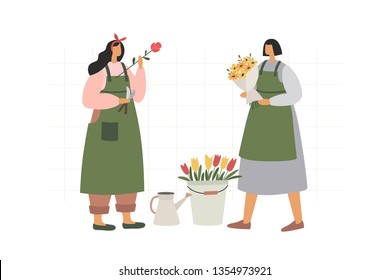 Two girls collect and arrange bouquets on a white isolated background. Florists sell flowers and flower arrangements as a gift and for decoration. Vector illustration in trendy flat style.