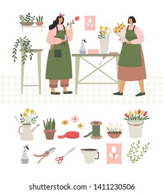 Dos chicas coleccionan y organizan ramos en la floristería. Los floristas venden flores y plantas ornamentales. Conjunto de elementos de trabajo para el diseño de arreglos florales. Ilustración vectorial en estilo plano.