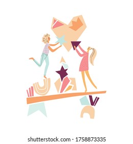 two girls are collecting pieces of geometric shapes in a heart. concept of mutual assistance, cooperation, relationships. girls with puzzle flat vector illustration. Females with geometric shapes