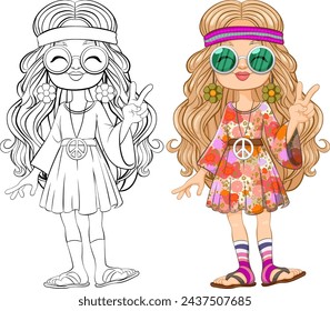 Two girls in colorful hippie attire showing peace signs.