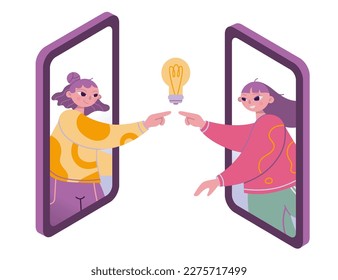 Two girls communicate with each other through smartphones, online contact, cartoon style. Concept of global internet connection, new idea and inspiration. Vector  isolated illustration, flat design. 