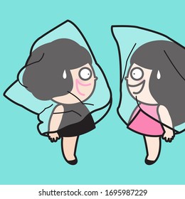 Two Girls Communicating Or Chatting Through Platic Bags To Maintain Social Distance Between Them. The Key To Slow Spreading Disease. Virus Control and Prevention Tips Concept Card Character